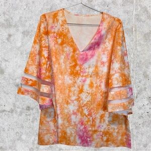 Women’s Orange and Pink Tie-Dye V-Neck Flowy Sleeved Top